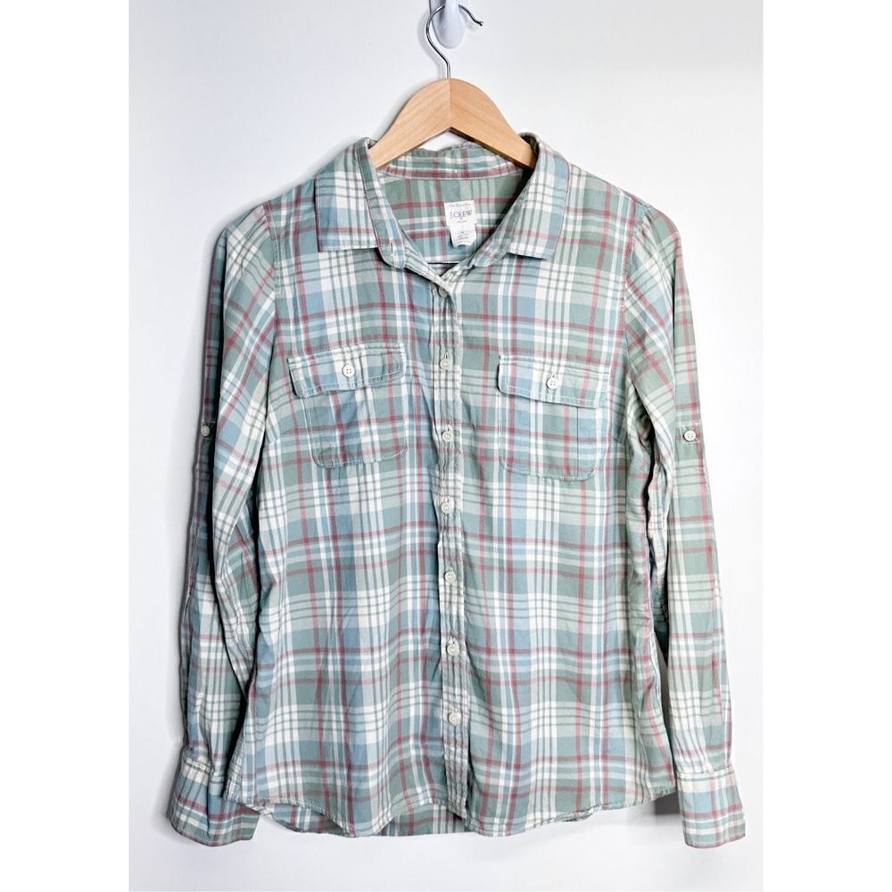 J. Crew Shirt Womens Medium Plaid Green/Brown Button Down Casual Roll Up Sleeves